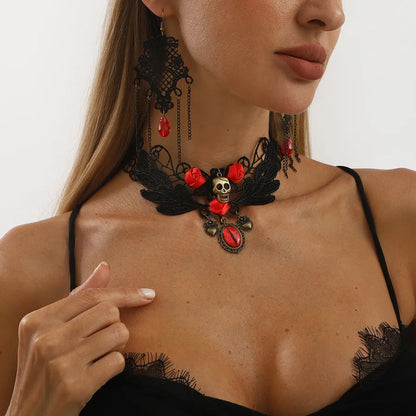 Women's Earrings Black Lace Crystal Floral Jewelry Set 4