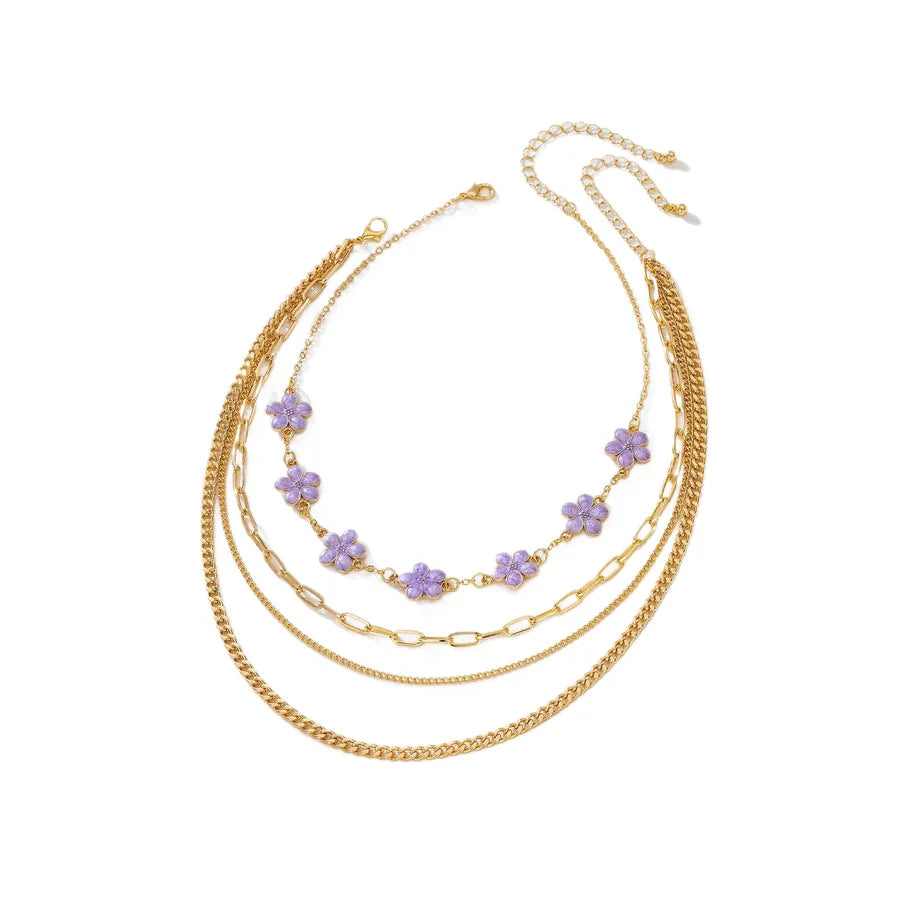 Women's Purple Flower Layered Chain Necklace - View 5 | Hensley London