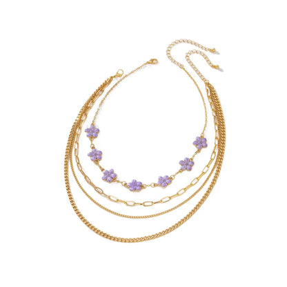 Women's Purple Flower Layered Chain Necklace - View 5 | Hensley London