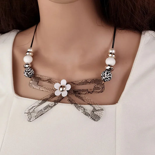 Women's Bow Tie Pendant Necklace Black Acrylic Handmade 1