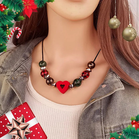 Women's Necklace Heart Shape Wood Bead Retro Jewelry 1