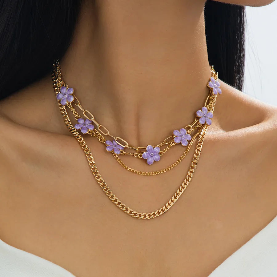 Women's Purple Flower Layered Chain Necklace - View 1 | Hensley London