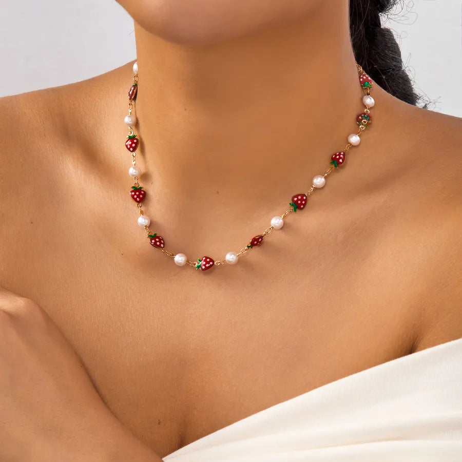 Women's Strawberry Pearl Station Necklace - View 6 | Hensley London