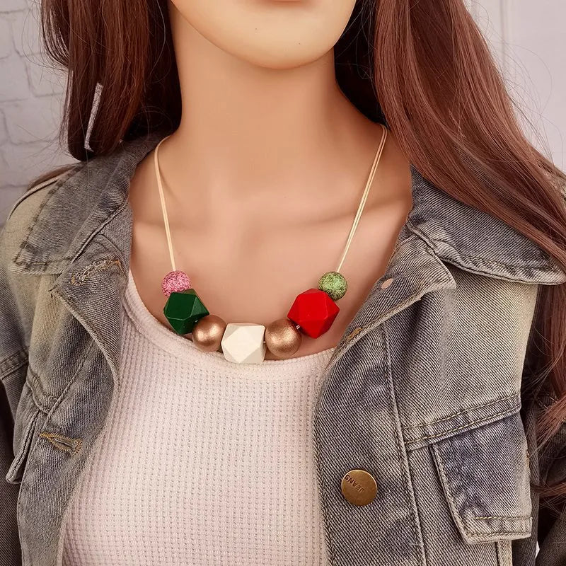 Women's Pendant Necklace Brown Wooden Retro Geometric 6