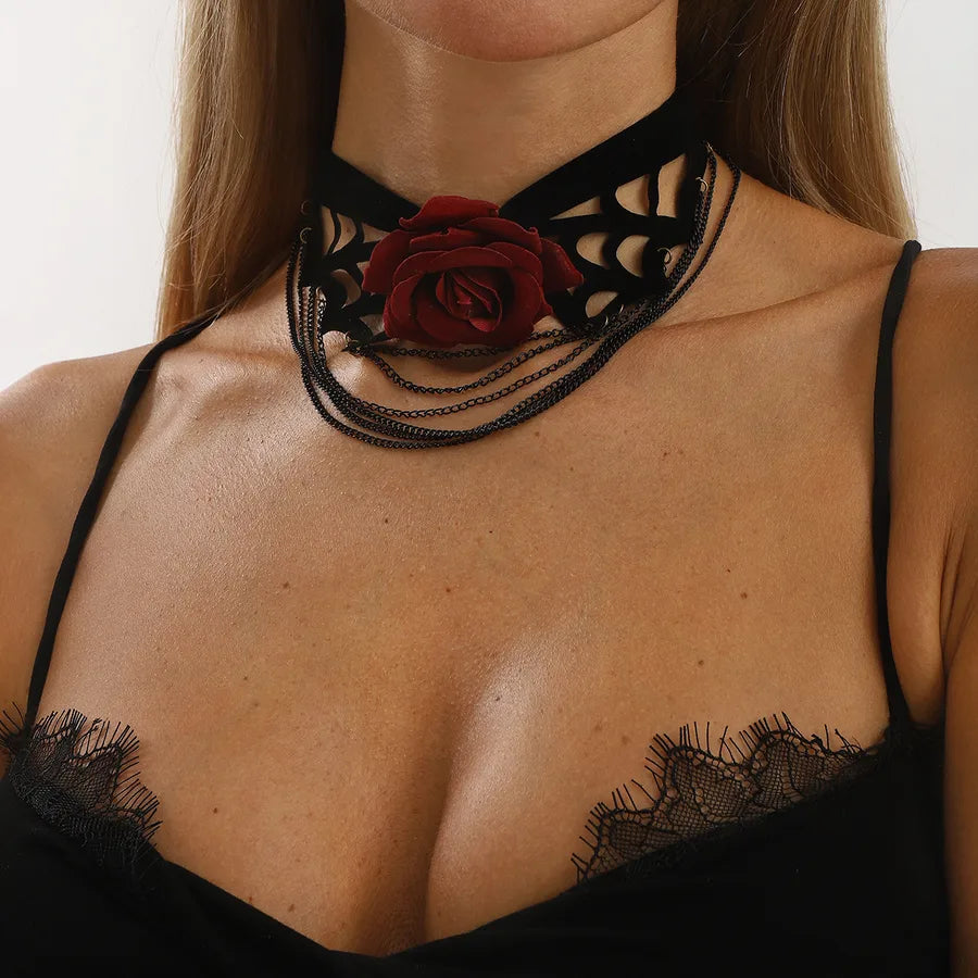 Women's Multi-Layer Necklace Black Cloth Bohemian Rose Pattern 3