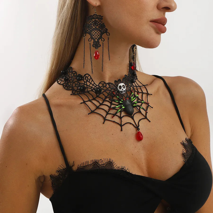 Women's Gothic Jewelry Set Black Lace Skull Spider Web Necklace Earrings 3