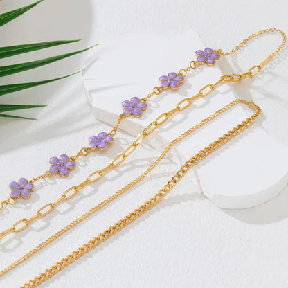 Women's Purple Flower Layered Chain Necklace - View 3 | Hensley London