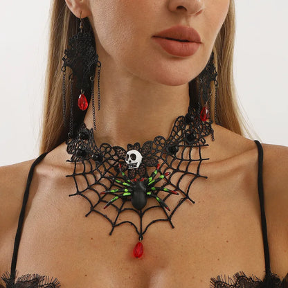Women's Gothic Jewelry Set Black Lace Skull Spider Web Necklace Earrings 1