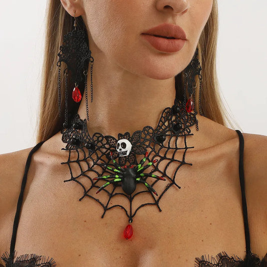 Women's Gothic Jewelry Set Black Lace Skull Spider Web Necklace Earrings 1