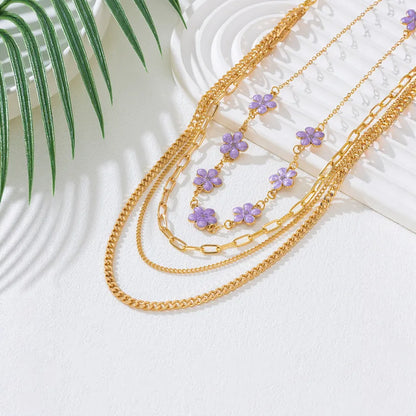 Women's Purple Flower Layered Chain Necklace - View 4 | Hensley London