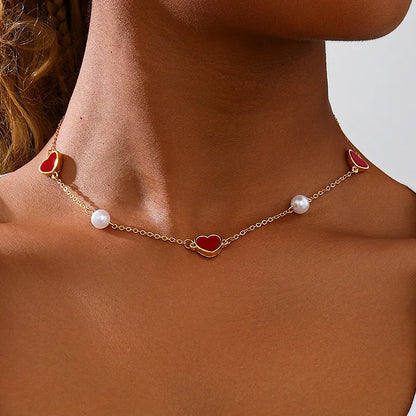 Women's Red Heart Pearl Station Necklace - View 1 | Hensley London