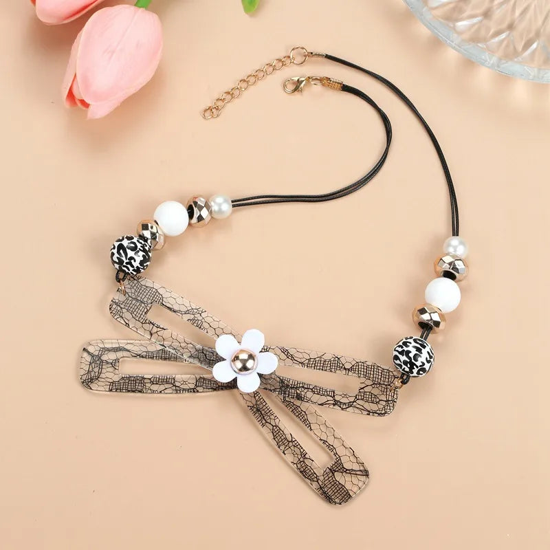 Women's Bow Tie Pendant Necklace Black Acrylic Handmade 3
