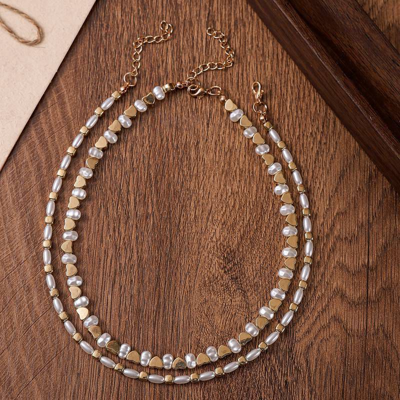 Women's Necklace Set Double Layer Pearl Beaded Geometric Design 6