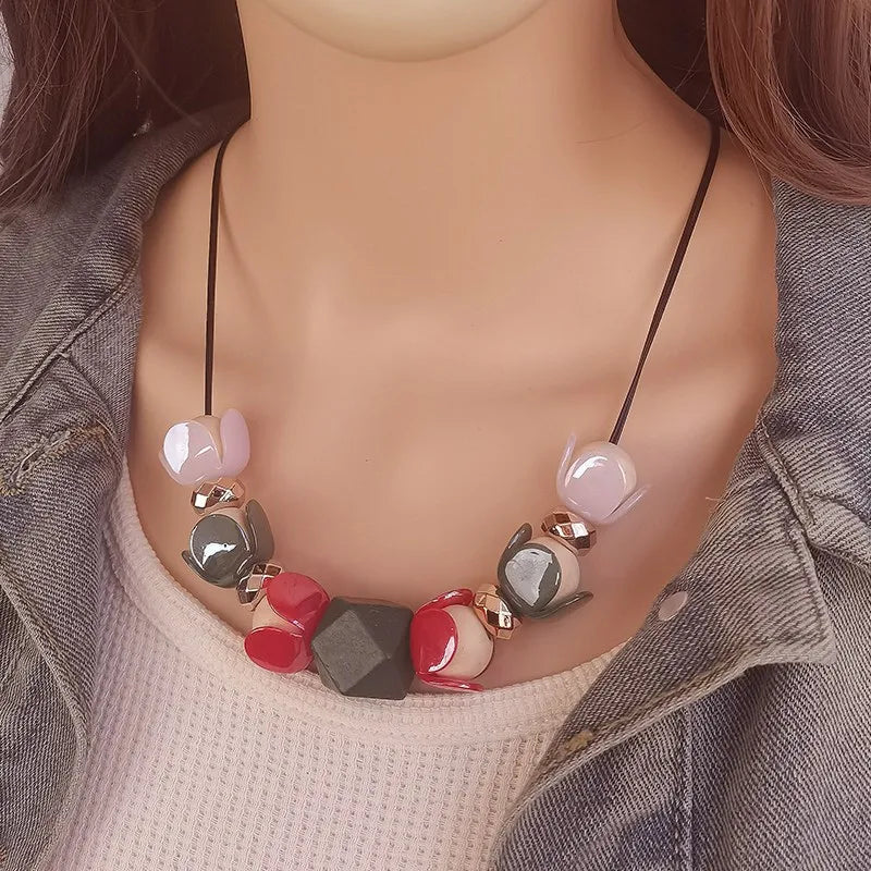 Women's Pendant Necklace Geometric Wooden Bead Acrylic 1