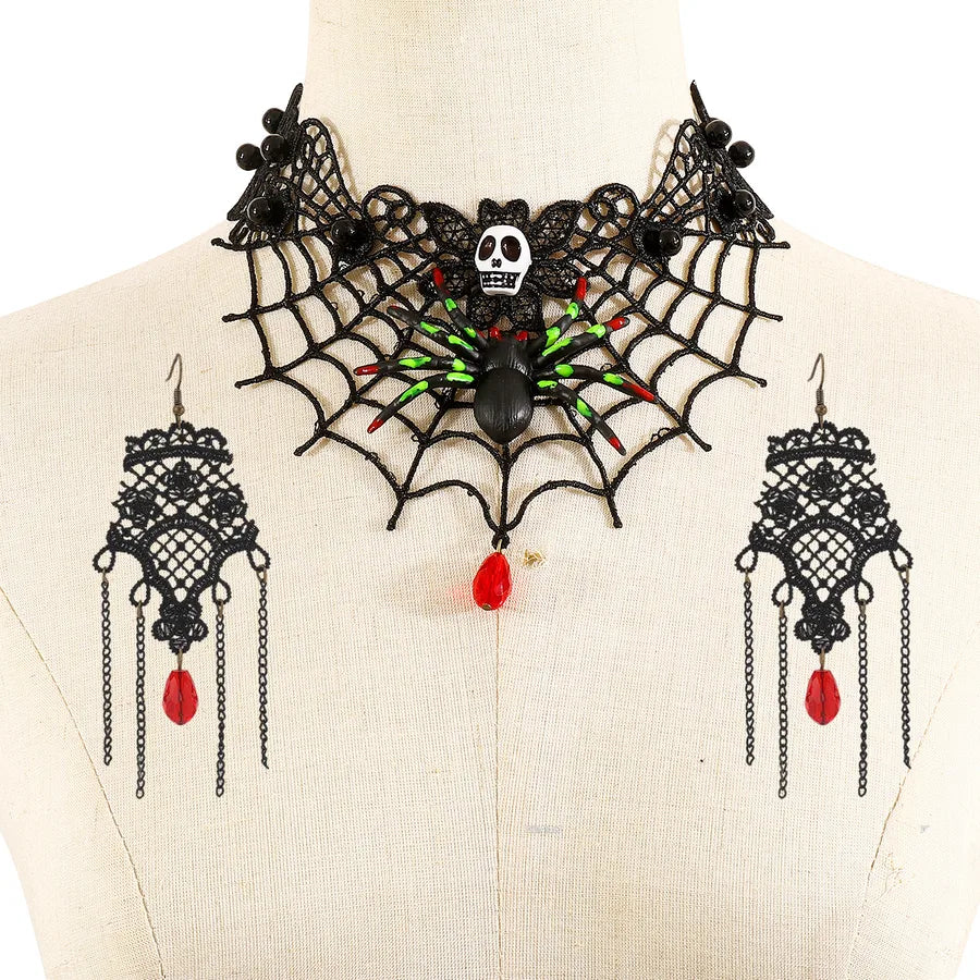 Women's Gothic Jewelry Set Black Lace Skull Spider Web Necklace Earrings 5