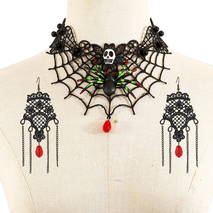 Women's Gothic Jewelry Set Black Lace Skull Spider Web Necklace Earrings 5