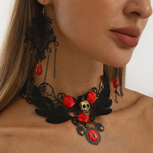 Women's Earrings Black Lace Crystal Floral Jewelry Set 1