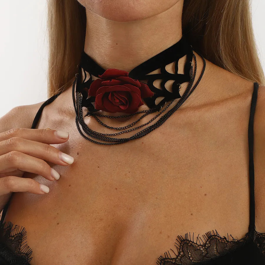 Women's Multi-Layer Necklace Black Cloth Bohemian Rose Pattern 2