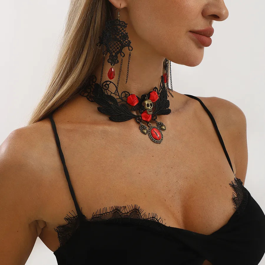 Women's Earrings Black Lace Crystal Floral Jewelry Set 3