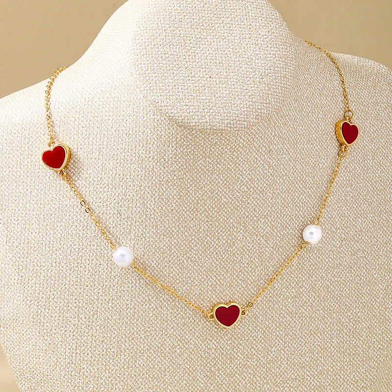 Women's Red Heart Pearl Station Necklace - View 3 | Hensley London
