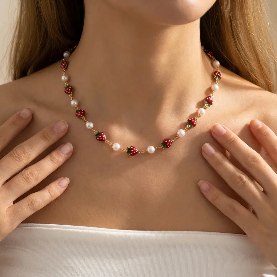 Women's Strawberry Pearl Station Necklace - View 3 | Hensley London