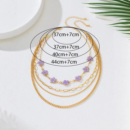 Women's Purple Flower Layered Chain Necklace - View 2 | Hensley London