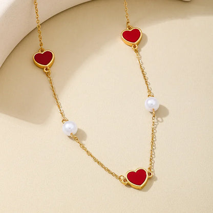 Women's Red Heart Pearl Station Necklace - View 2 | Hensley London