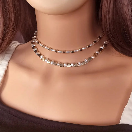 Women's Necklace Set Double Layer Pearl Beaded Geometric Design 2