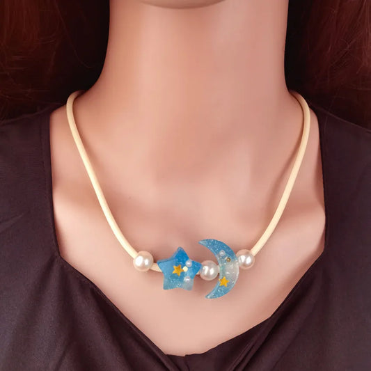 Women's Pendant Necklace Blue Beaded Chain with Star and Moon 1