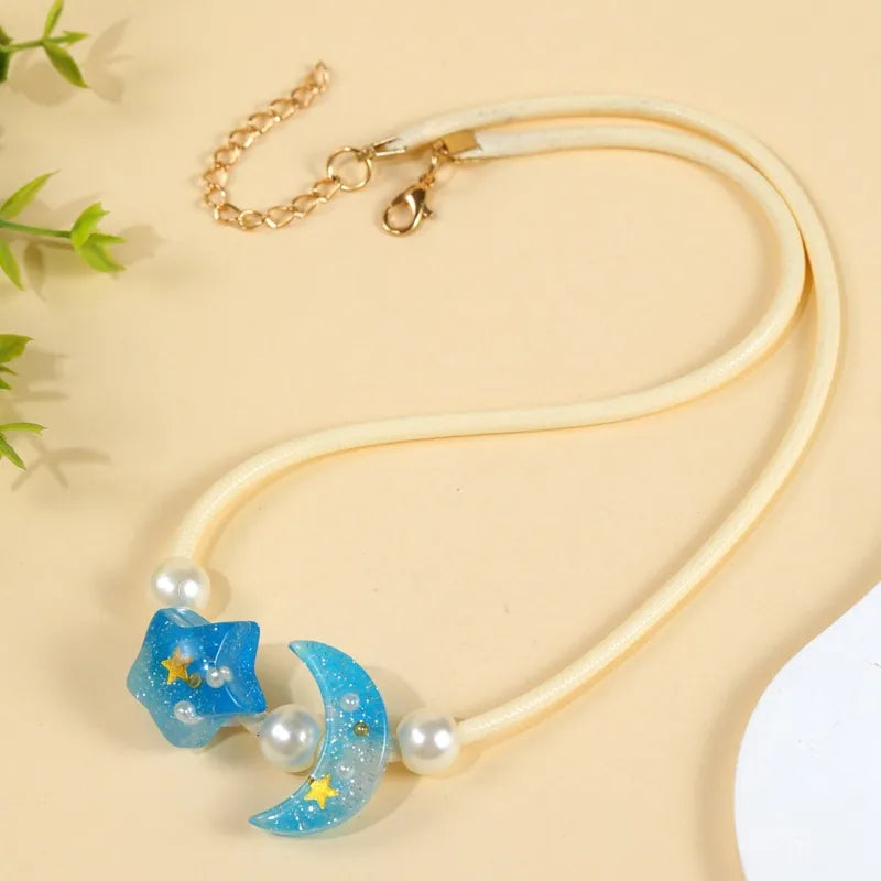 Women's Pendant Necklace Blue Beaded Chain with Star and Moon 3