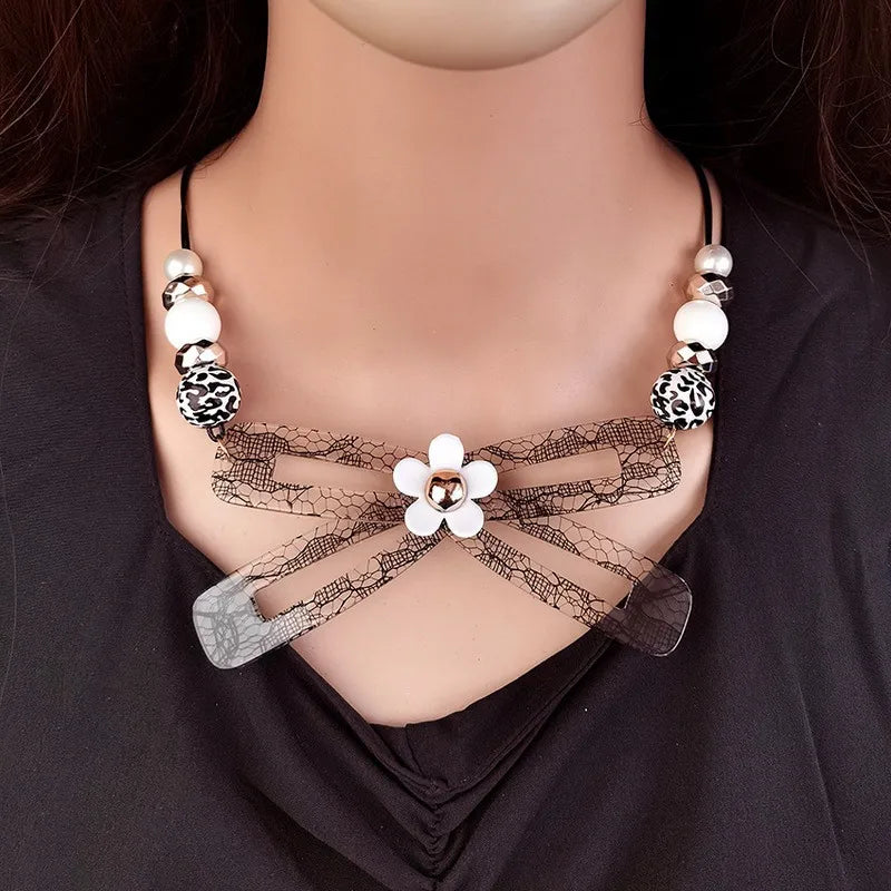 Women's Bow Tie Pendant Necklace Black Acrylic Handmade 5