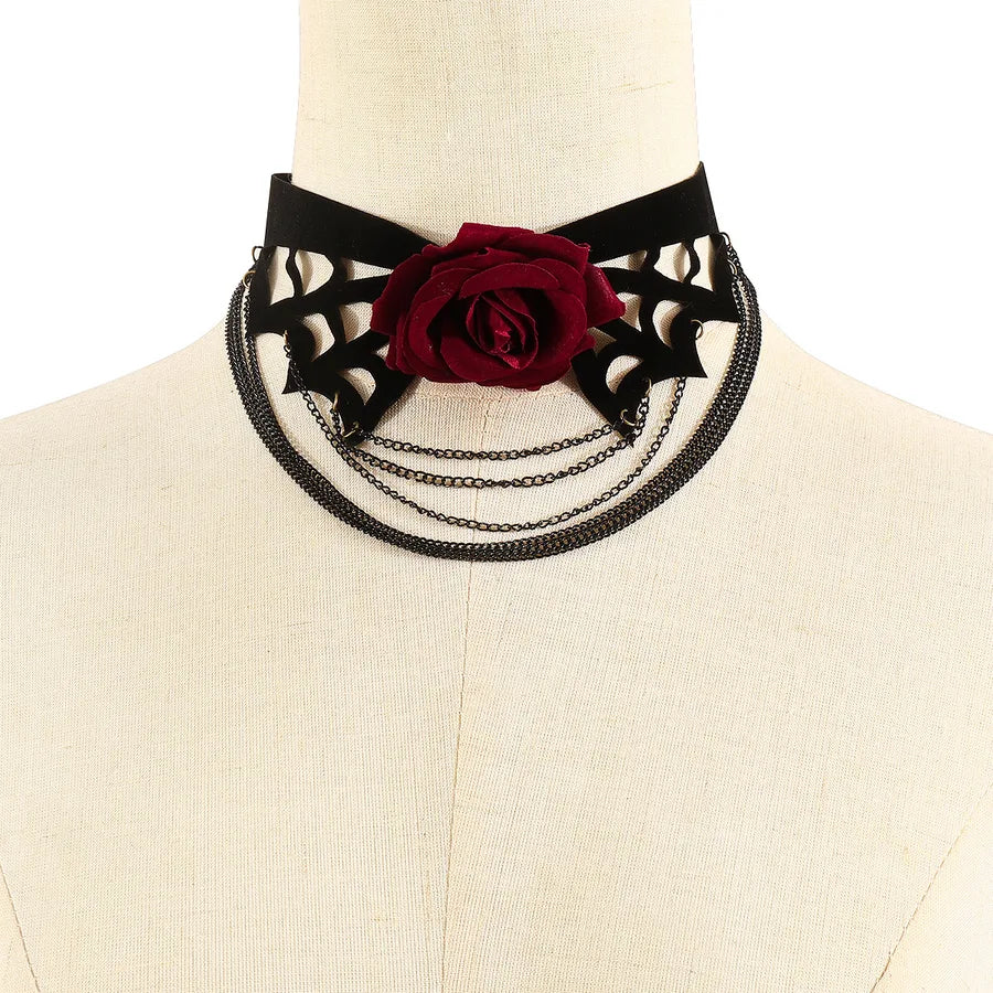 Women's Multi-Layer Necklace Black Cloth Bohemian Rose Pattern 5