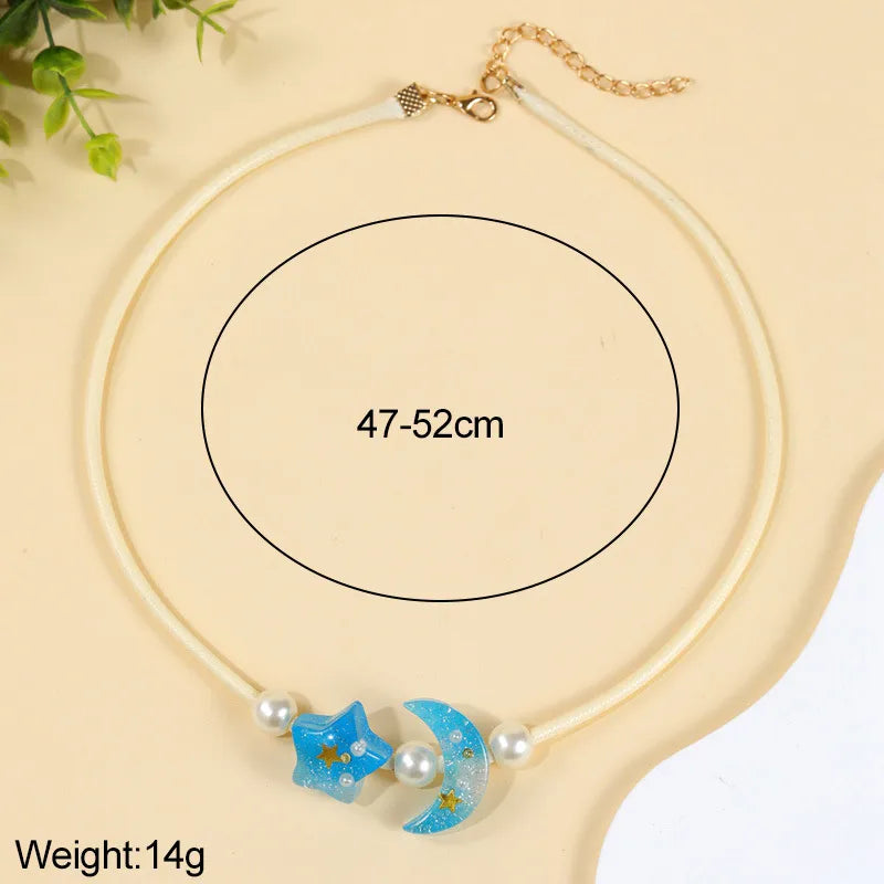 Women's Pendant Necklace Blue Beaded Chain with Star and Moon 5