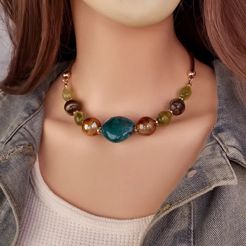 Women's Pendant Necklace Colorful Wood Acrylic Retro Geometric Design 6