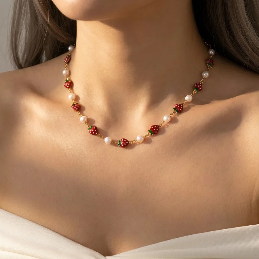 Women's Strawberry Pearl Station Necklace - View 1 | Hensley London