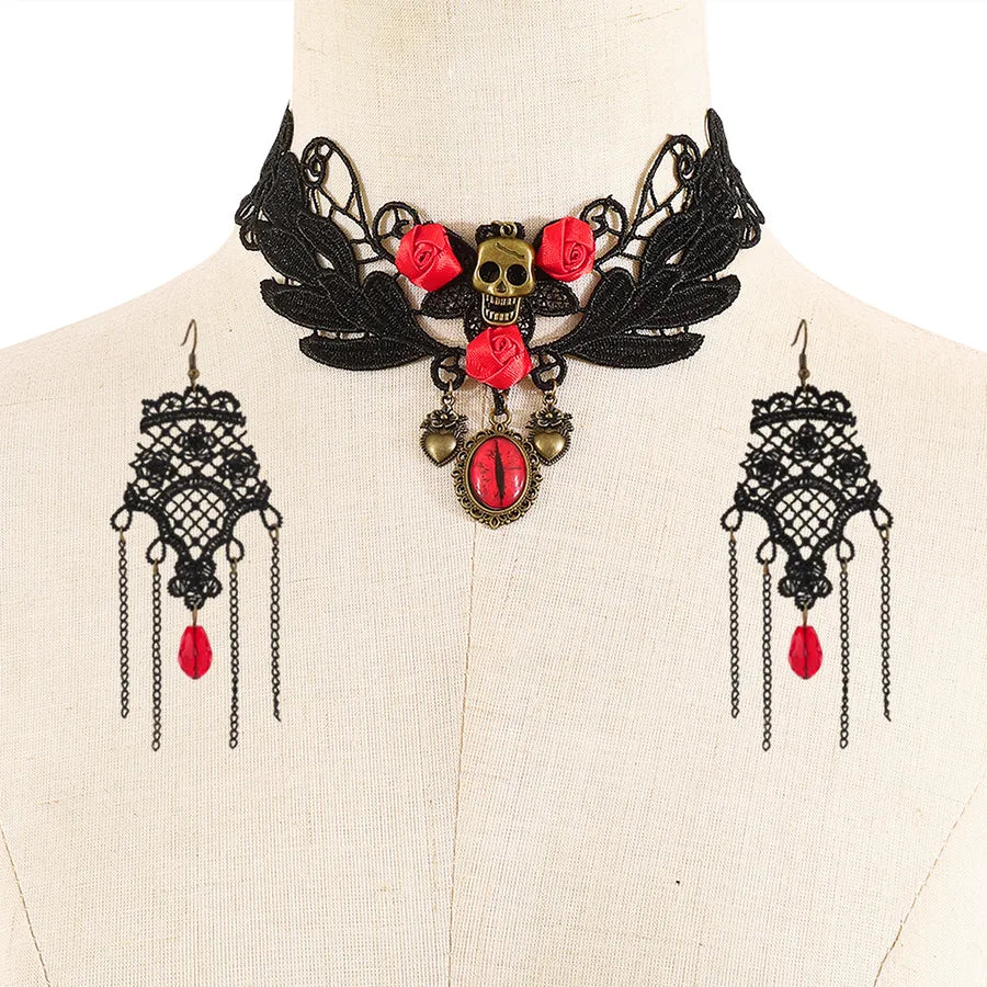 Women's Earrings Black Lace Crystal Floral Jewelry Set 5
