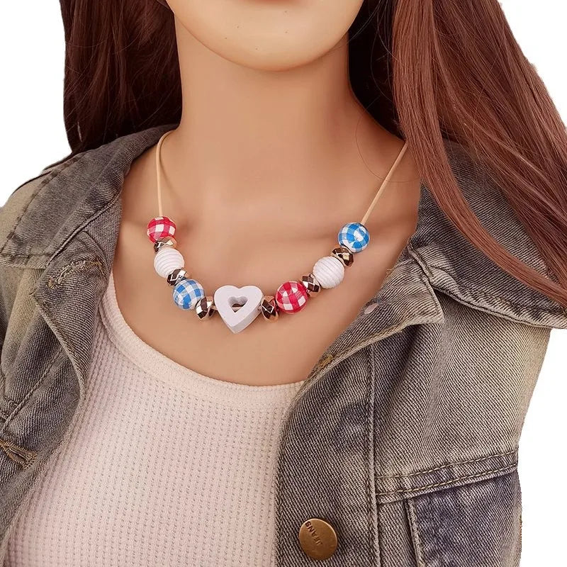 Women's Necklace Heart Shape Wood Bead Retro Jewelry 5