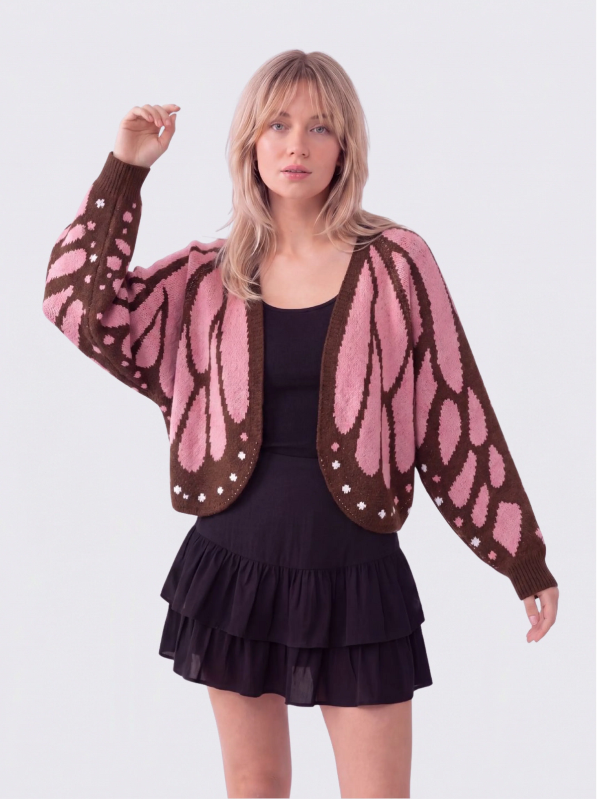 Women's Butterfly Knit Cardigan in Pink – front view on model | Hensley London