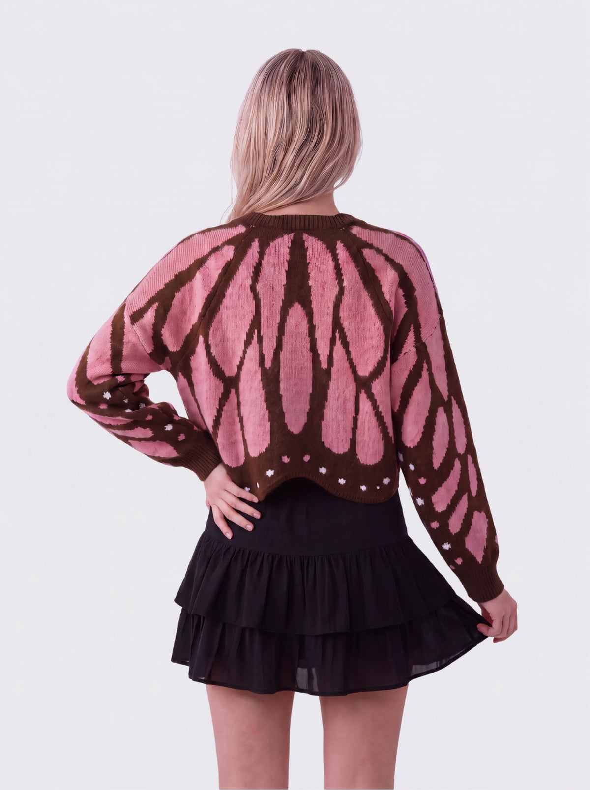 Women's Butterfly Knit Cardigan in Pink – back view on model | Hensley London