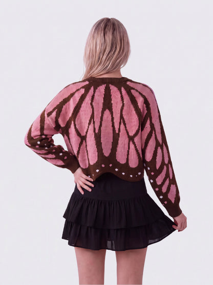Women's Butterfly Knit Cardigan in Pink – back view on model | Hensley London