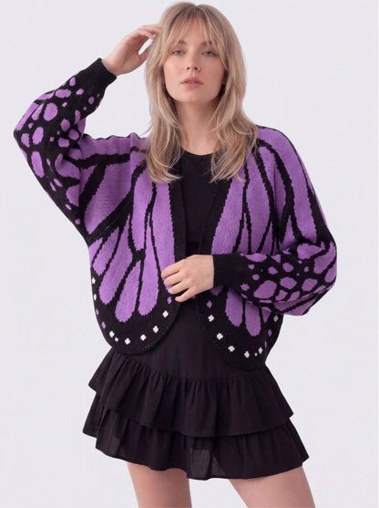 Women's Butterfly Knit Cardigan in Purple – front view on model | Hensley London