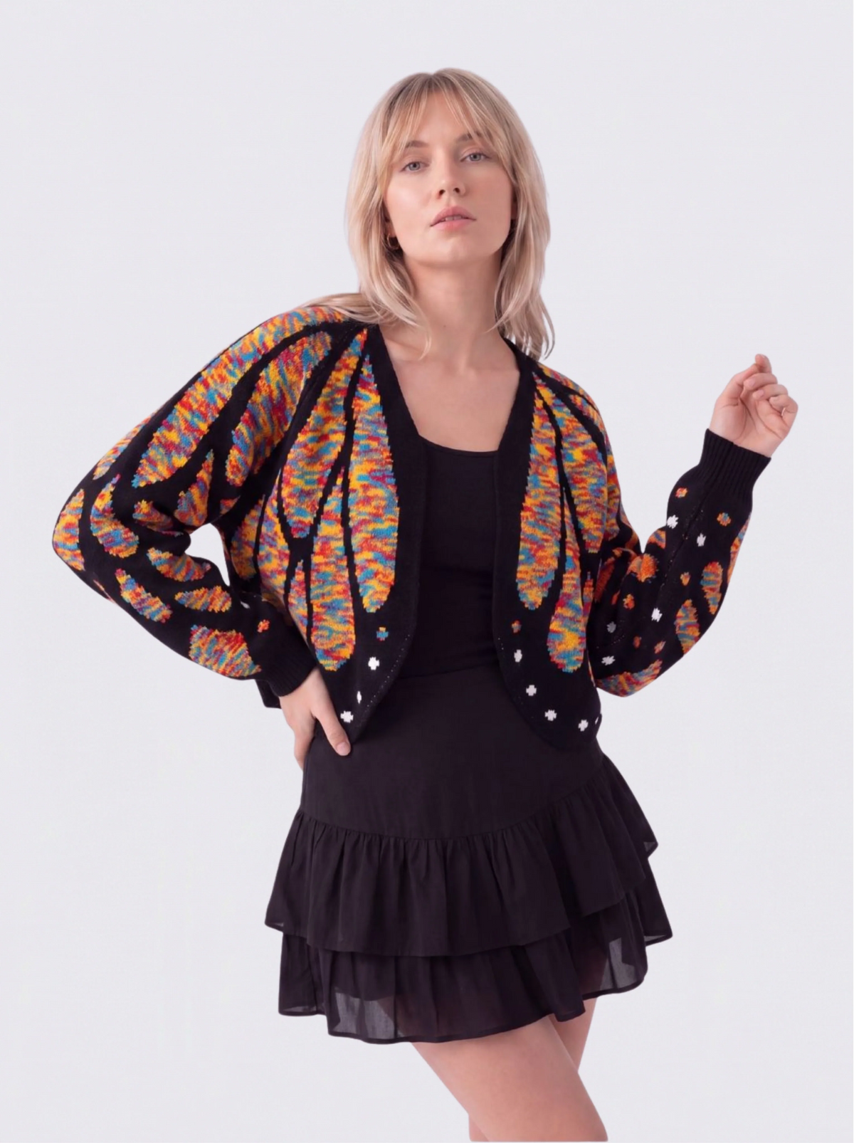 Women's Butterfly Knit Cardigan in Rainbow – front view on model | Hensley London