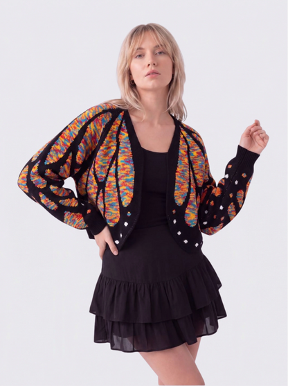 Women's Butterfly Knit Cardigan in Rainbow – front view on model | Hensley London