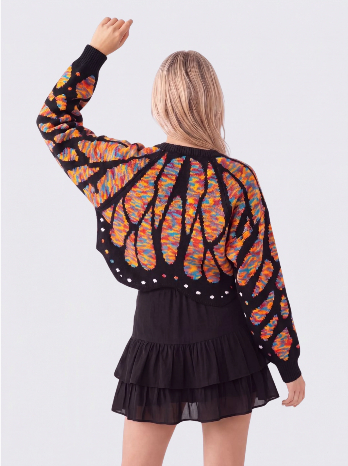 Women's Butterfly Knit Cardigan in Rainbow – back view on model | Hensley London
