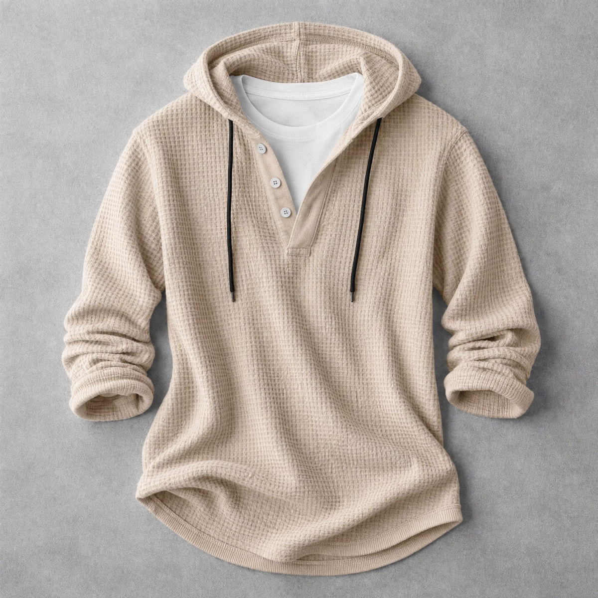 Men's Waffle-Knit Henley Hoodie in Sand – front view | Hensley London