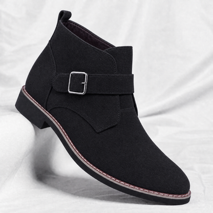 Men's Buckle-Strap Ankle Boots with Tapered Toe in Black – three-quarter product view | Hensley London