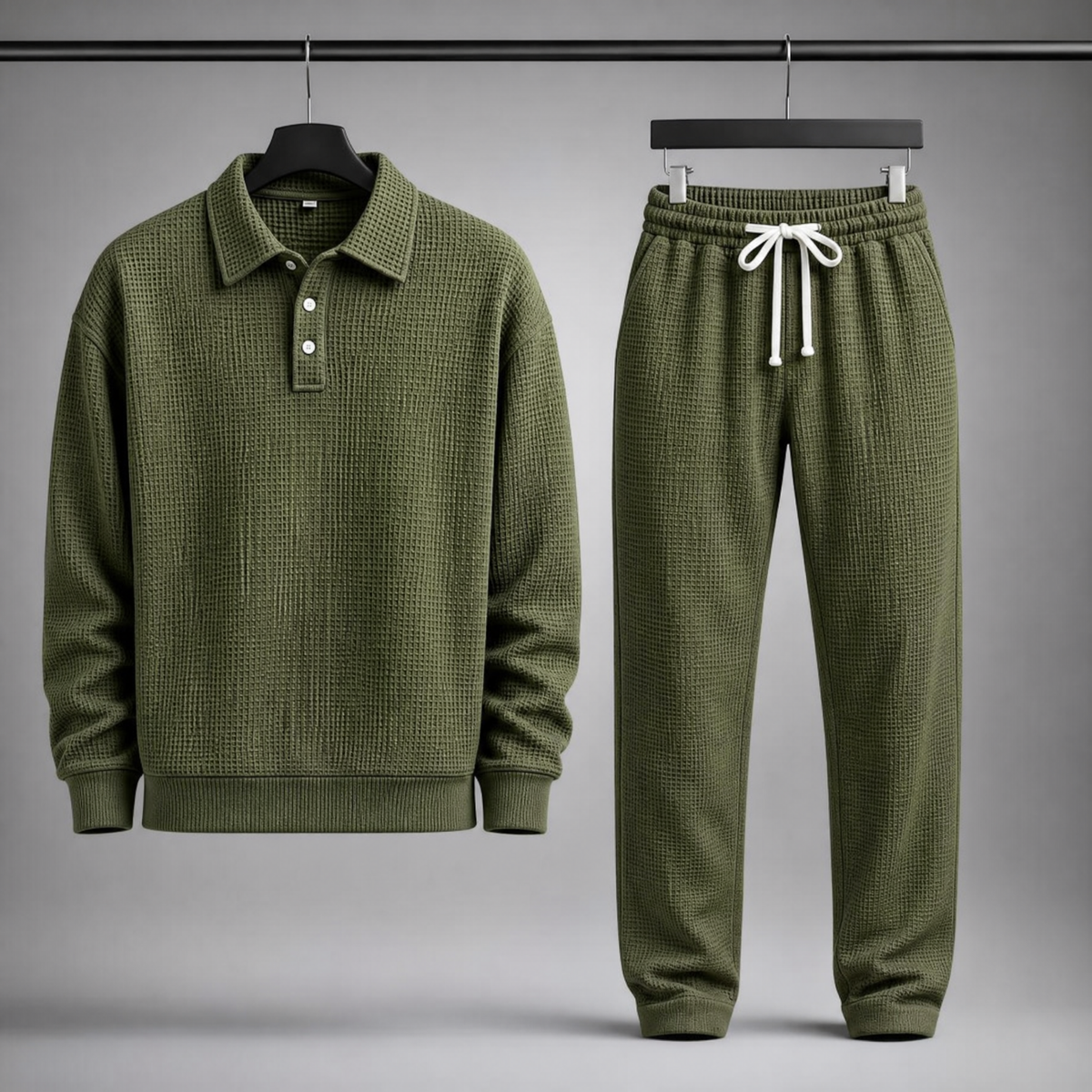 Men's Waffle-Knit Polo and Drawstring Trouser Set in Green – front view of set | Hensley London