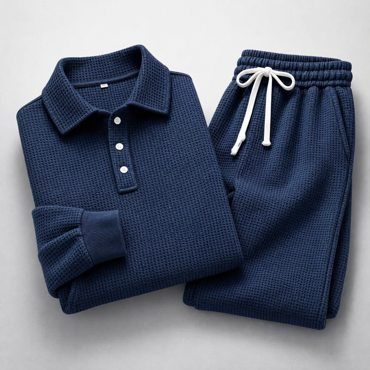 Men's Waffle-Knit Polo and Drawstring Trouser Set in Navy – folded detail view | Hensley London