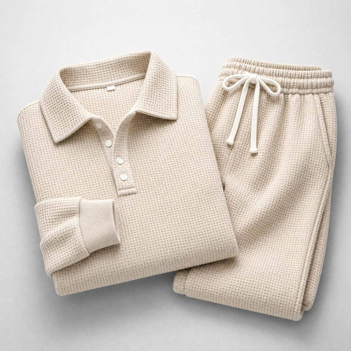 Men's Waffle-Knit Polo and Drawstring Trouser Set in Khaki – folded detail view | Hensley London
