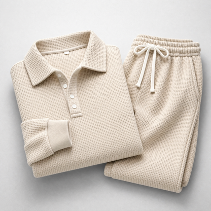 Men's Waffle-Knit Polo and Drawstring Trouser Set in Khaki – folded detail view | Hensley London